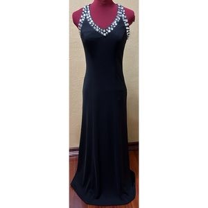 This black Night Way collections maxi dress has beads all around the neckline.